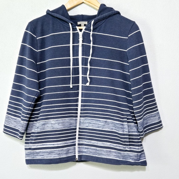 T By Talbots Denim Blue/ White Stripe Lightweight Zipped Up 3/4 Sleeve  Hoodie L - Picture 1 of 5